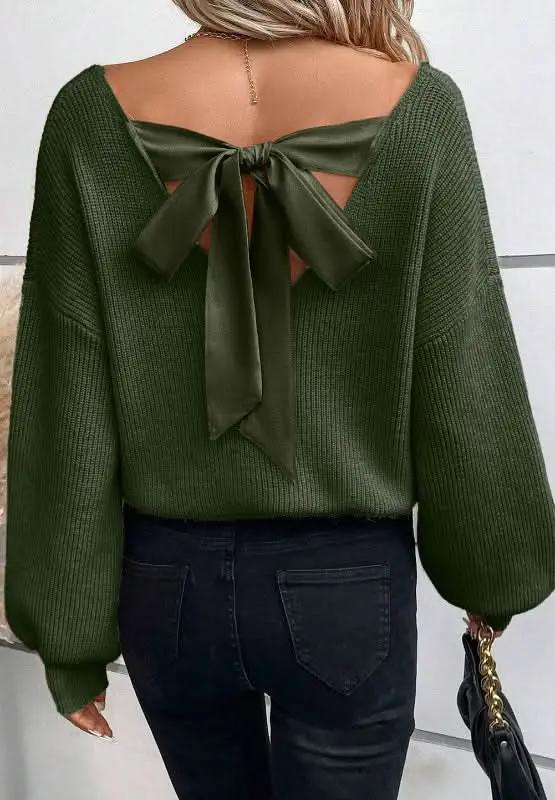 Tied Back V-Neck Long Sleeve Sweater - Love Salve